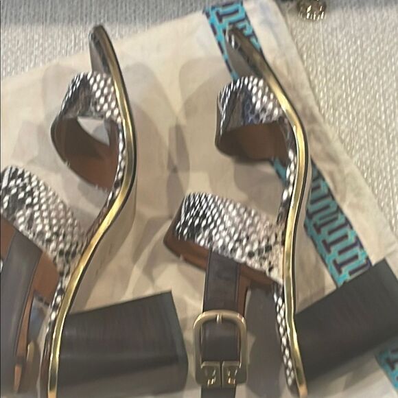 Tory Burch Brown and Black Snakeskin Chunky Heeled Sandals - Picture 6 of 8